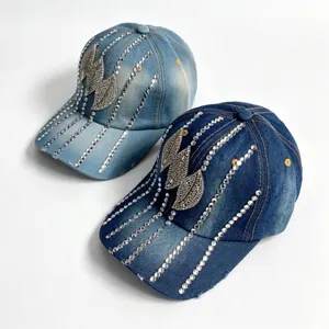 Gorra de Béisbol de Denim de Moda para Mujer Diamante de Imitación Tres Hojas Protección Solar Lavable Ajustable Sombrero de Viaje Casual al Aire Libre