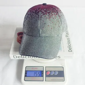 Detailed view of luxury rhinestone baseball cap with stunning gradient color and crystal sparkle.