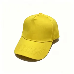 Solid color yellow cotton baseball cap, structured hard top sun hat for men and women daily wear.