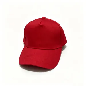 Close-up detail of the classic red plain baseball cap, showing fine stitching and durable fabric.