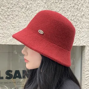 Sombrero de pescador de mezcla de lana minimalista japonés para mujer, gorro cálido de invierno.