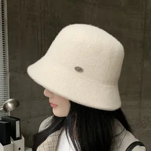 Sombrero de pescador de mezcla de lana blanca para mujer, sombrero de cuenco cálido.