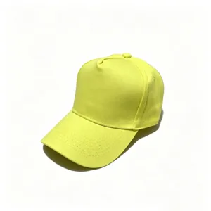 Neon yellow baseball cap detail view, plain blank design, curved brim, structured hard top.