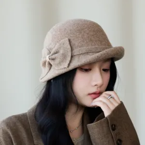French retro bow wool blend cloche hat for women, elegant autumn winter bucket hat style.