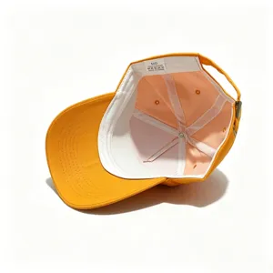 Orange cotton baseball cap interior detail view, breathable casual snapback hat for daily wear.