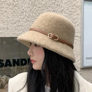 Franse vintage wollen bucket hat voor dames herfst winter warme vilten hoed met riemgesp