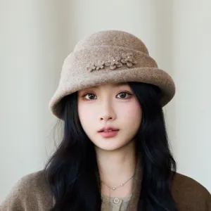 Women autumn winter warm wool felt bucket hat elegant floral fashion outdoor travel top hat