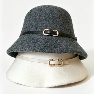 Franse Vintage Polyester Vissershoed Met Leren Riemgesp Ronde Kroon Brede Rand Fedora Hoed Voor Herfst Winter Vrouwen