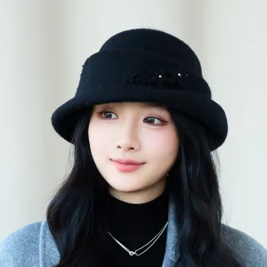 Black wool bucket hat for women autumn winter warm elegant flower cloche hat detail view