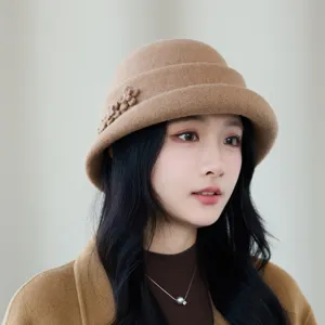 Women wool felt bucket hat winter warm elegant floral fisherman hat fashion casual hat