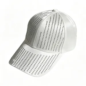 White satin rhinestone baseball cap, sparkling crystal design for women, sun protection.