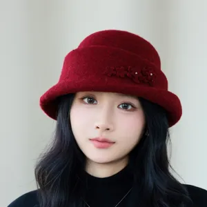 Women wool felt bucket hat autumn winter warm floral elegant outdoor travel cloche hat