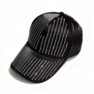Black satin baseball cap with rhinestone meteor shower design for outdoor sun protection.