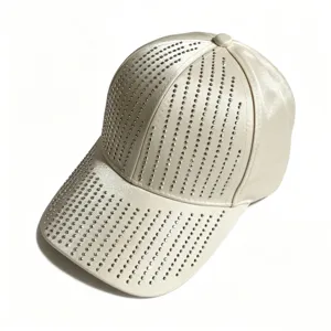 Detail view of the elegant satin baseball cap featuring vertical rhinestone stripes design.