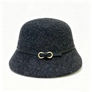 Franse vintage wol bucket hat voor vrouwen herfst winter met zwarte riem en metalen gesp