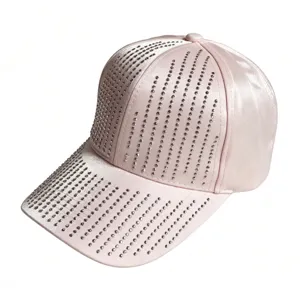 Pink satin baseball cap with rhinestone meteor shower design, perfect chic sun hat detail.