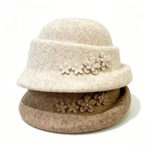 Detail view of women wool felt basin hat, cozy autumn winter floral rhinestone decor.