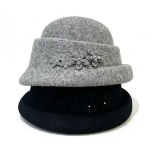 Elegant Wool Blend Flower Fedora Hat For Women Winter Warm Rhinestone Embellished Short Brim Adjustable Church Bucket Hat Jewelry Accessories