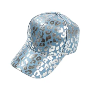 Blue metallic leopard print denim baseball cap, fashionable curved brim sun protection hat.