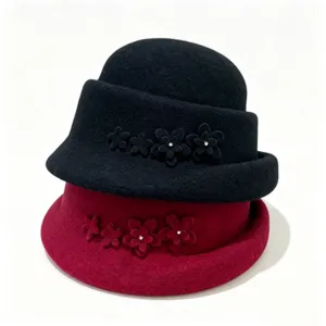 Women's wool felt bucket hat winter warm cloche hat with floral rhinestone detail.