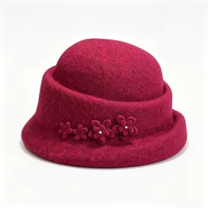 Women wool felt bucket hat with floral detail and rhinestone accents for winter style
