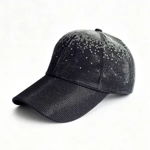 Close-up details of the sparkling rhinestone gradient baseball cap showing fine texture details.