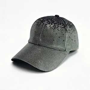 Closeup detail of a stunning black baseball cap fully embedded with sparkling gradient rhinestones.
