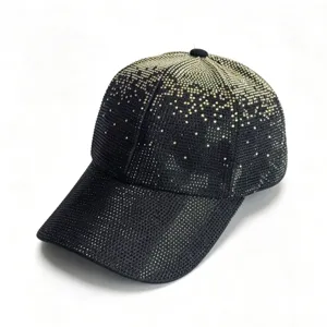 Rhinestone black baseball cap detail, sparkling gradient crystal duckbill hat close-up.