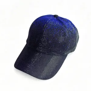 Rhinestone gradient baseball cap detail view, shining crystal design, premium fashion headwear.