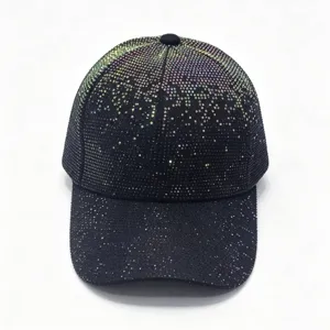 Black rhinestone baseball cap detail, sparkling gradient crystal adjustable hat for women.