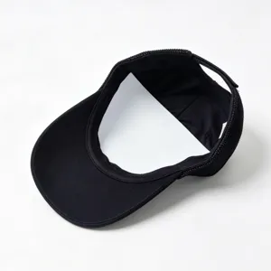 Black fashion baseball cap detail view, breathable mesh crown, premium casual streetwear hat.