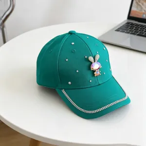 Groene strass honkbalpet voor kinderen schattig kristallen konijn ontwerp zonnescherm