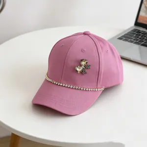 Pink kids baseball cap with rhinestone bow and chain decoration summer casual sun hat
