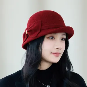 French vintage wool blend cloche hat for women, elegant red winter bucket hat with stylish bow.