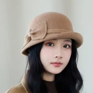 French vintage wool blend bow cloche hat for women, elegant autumn winter fisherman cap.