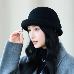 French vintage bow wool blend cloche hat women autumn winter fashion bucket hat detail
