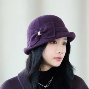Classic french retro wool blend bow cloche hat detail view, elegant women winter basin hat.