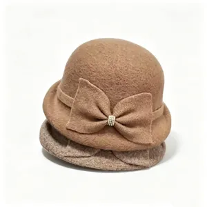 French Vintage Wool Blend Bowknot Bucket Hat For Women Autumn Winter Warm Rhinestone Cloche Hat Elegant Lady Basin Hat