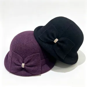 French vintage wool blend bucket hat for women autumn winter warm bow fedora cap elegant