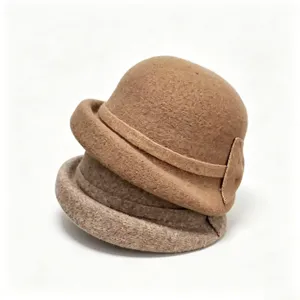 Detailed view of a retro wool blend cloche hat with a sweet bow knot, textured fabric texture.
