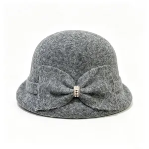 Grey wool blend cloche hat women winter vintage bow fisherman hat with sparkling rhinestone detail
