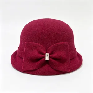 French vintage wool blend bucket hat with crystal bow detail, elegant winter warm basin hat.