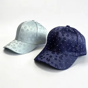 Fashion Women Polyester Satin Floral Embroidery Baseball Cap Luxurious Shiny Rhinestone Sunshade Curved Brim Adjustable Outdoor Leisure Sport Hat