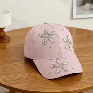 Kinderen Roze Strass Bloem Honkbalpet Leuke Zonnebescherming Casual Hoed Detailbeeld