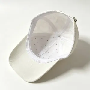 Gedetailleerd uitzicht van de witte honkbalpet binnenkant met nette stiksels en gesp.
