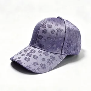 Elegant purple floral embellished baseball cap with sparkling rhinestones for women.
