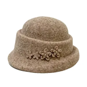 Women wool felt basin hat autumn winter warm flower fashion casual outdoor travel top hat style