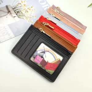 Ultra-thin women card holder with zipper, portable solid color compact coin purse