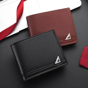 Detailed view of men's short leather wallets in black and brown with metal triangle logo decor.