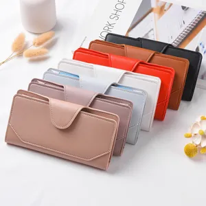 Detailed view of multi-color women long wallet with buckle and card slots, soft leather material.